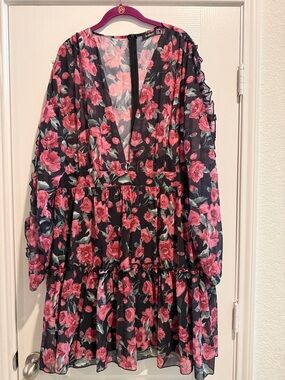 Boohoo Black Floral Long Sleeve Tiered Mini Dress